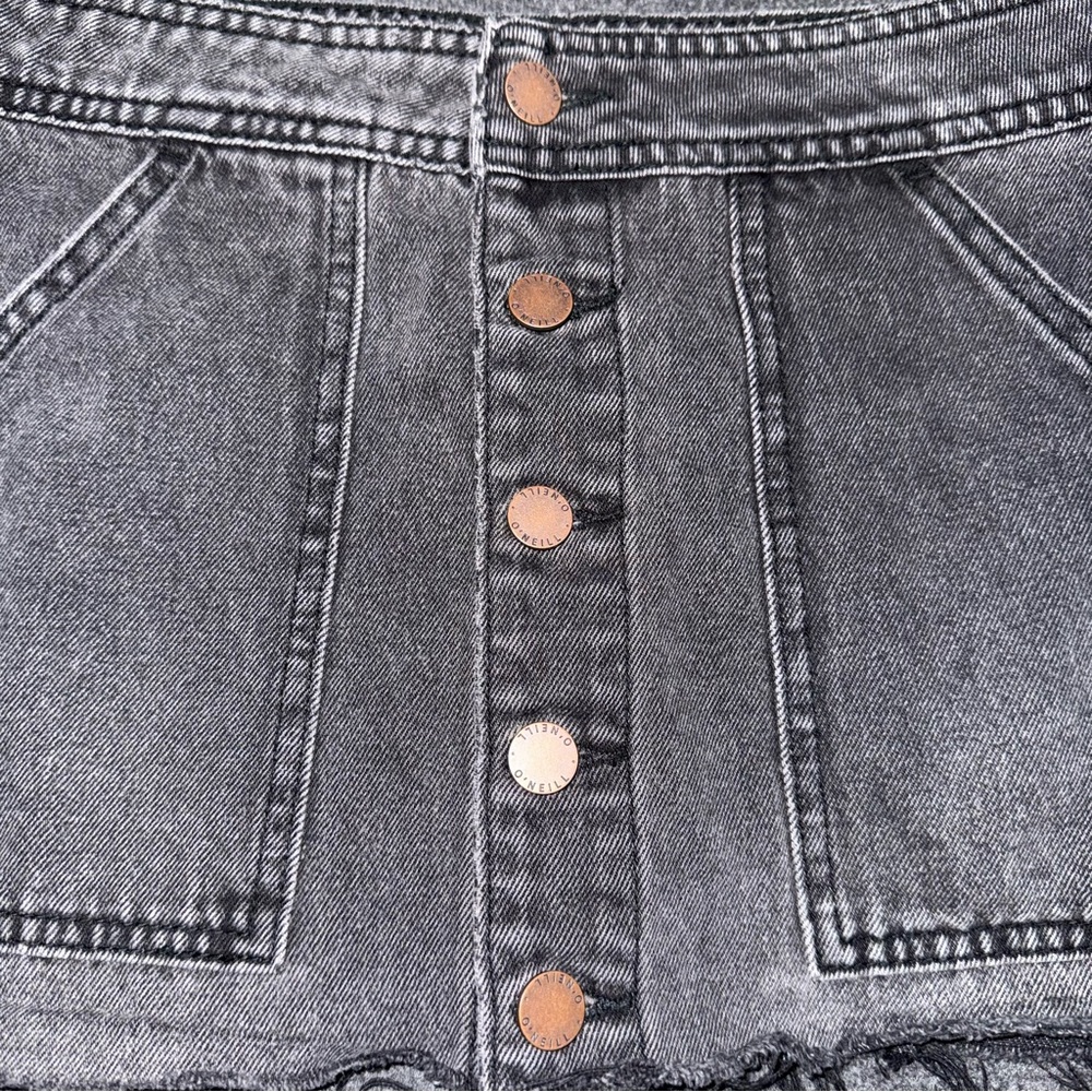 O’Neill Micro Mini Black Denim Skirt Button Front Patch Pocket Sz 29 Grunge Y2K - Picture 3 of 6